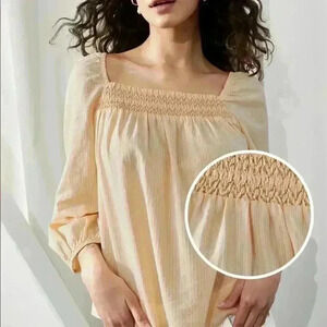 Banana Republic Striped Embroidered Smocked-Neck Blouse